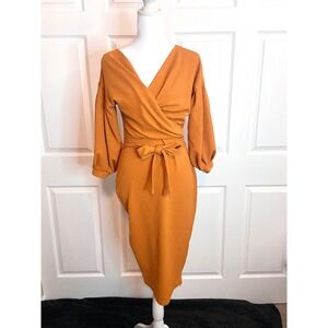 Boohoo Night Mustard Orange Wrap Balloon Sleeve Midi Dress Womens Size 6
